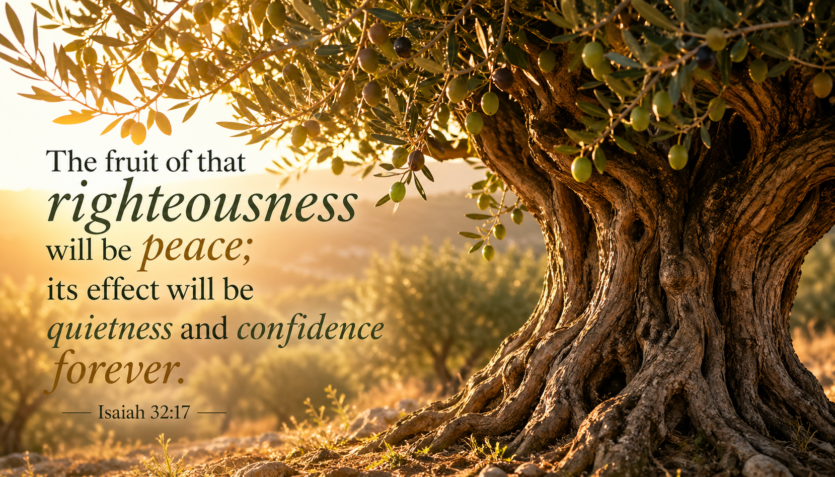 Bible verse wallpaper Isaiah 32:17 with ancient olive tree heavy with ripe fruit in golden afternoon light